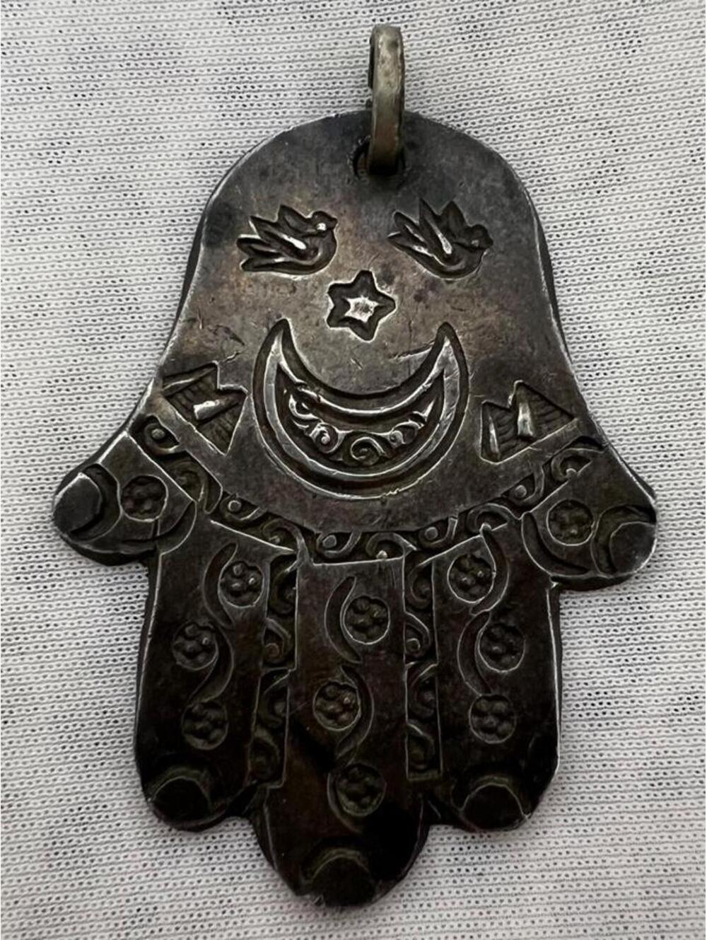 20th century Hamsa pendant w/ moon and star design & custom engraving.